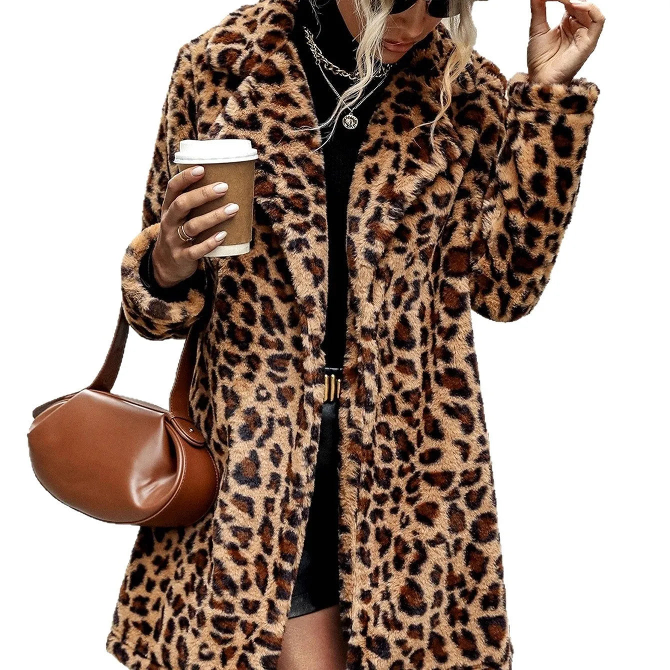 Leopard print furry long sleeve coat top for women with conventional sleeves, available in sizes S to 2XL