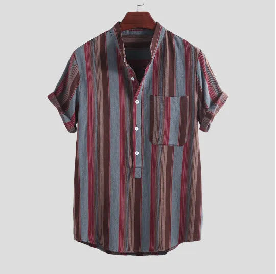 Men's cotton blended long sleeve striped shirt with stand-up collar in red, front view