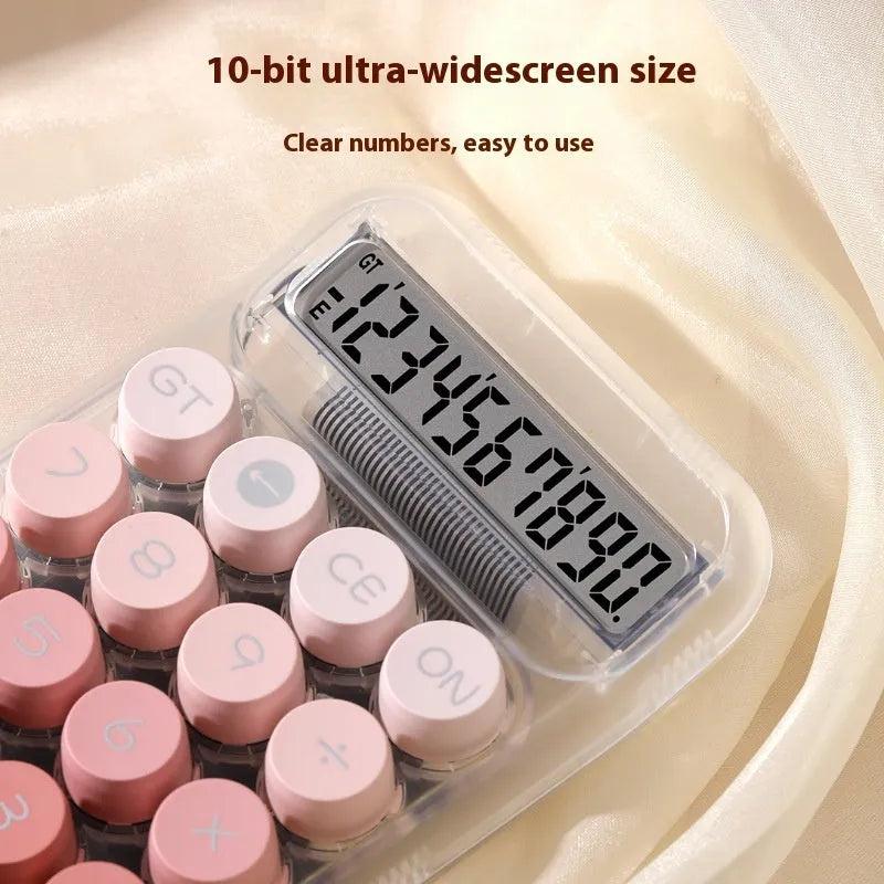 Round mechanical calculator with gradient colour keys in mute blue, green, pink, or purple