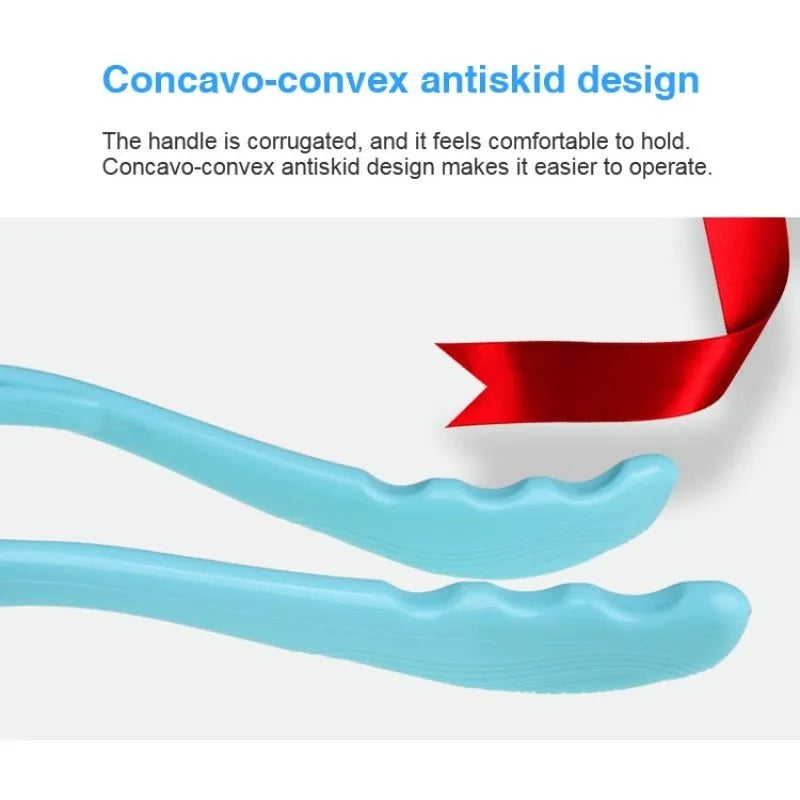 Blue plastic manual neck massager with adjustable stand and 3D floating-point rollers on a white background.