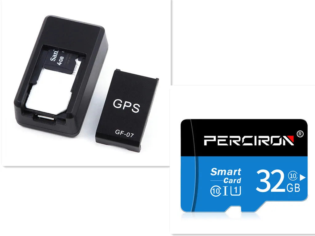 Small black magnetic GPS car tracker with USB charging cable on a metal surface.