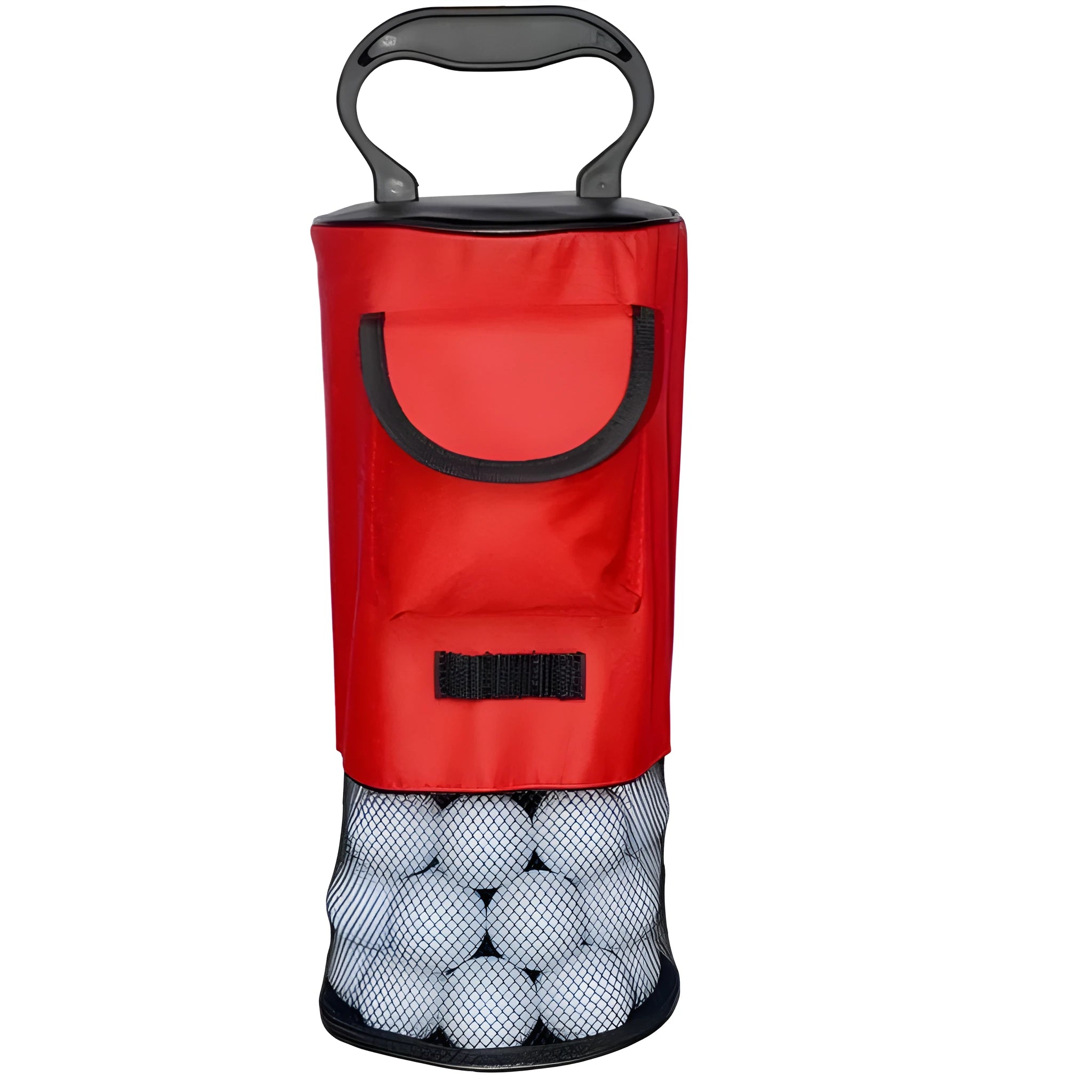 Red detachable portable ball retriever with large nylon zipper bag and plastic handle for golf outdoors