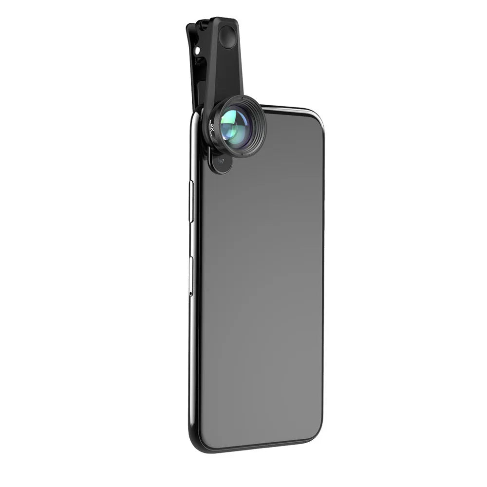 Black 6-in-1 smartphone camera lens kit with fisheye, wide-angle, telephoto, CPL, and star filter lenses and a universal clip.