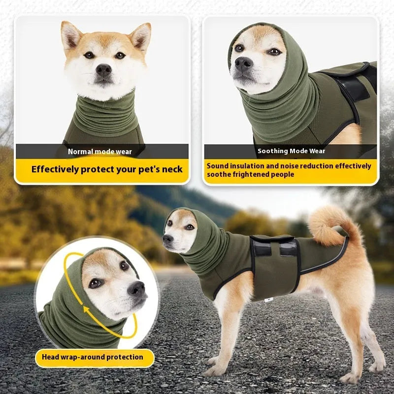 Dog wearing army green calming jacket for anxiety relief