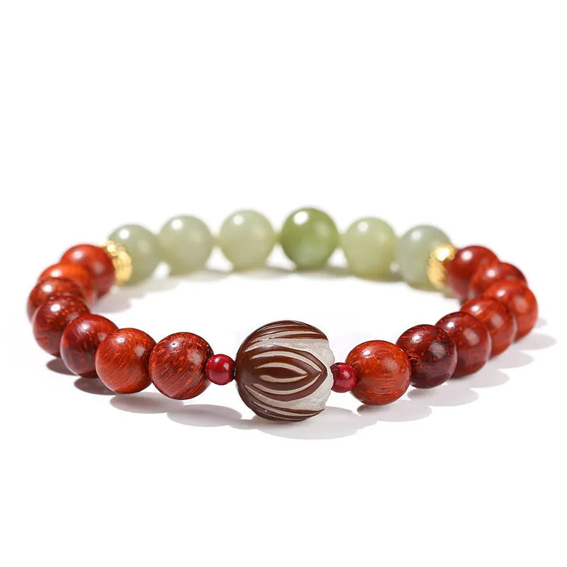 Red rosewood and grey jade women's bracelet with a geometric Bodhi lotus bead in Chinese style.