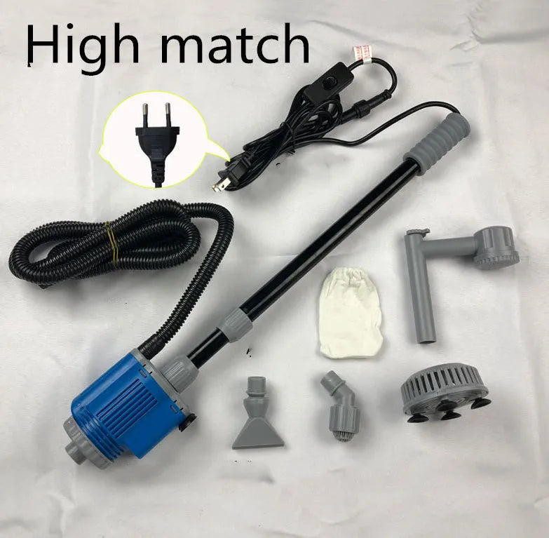 Electric aquarium gravel cleaner with 20W motor, plastic body, hose, and suction ports on white background
