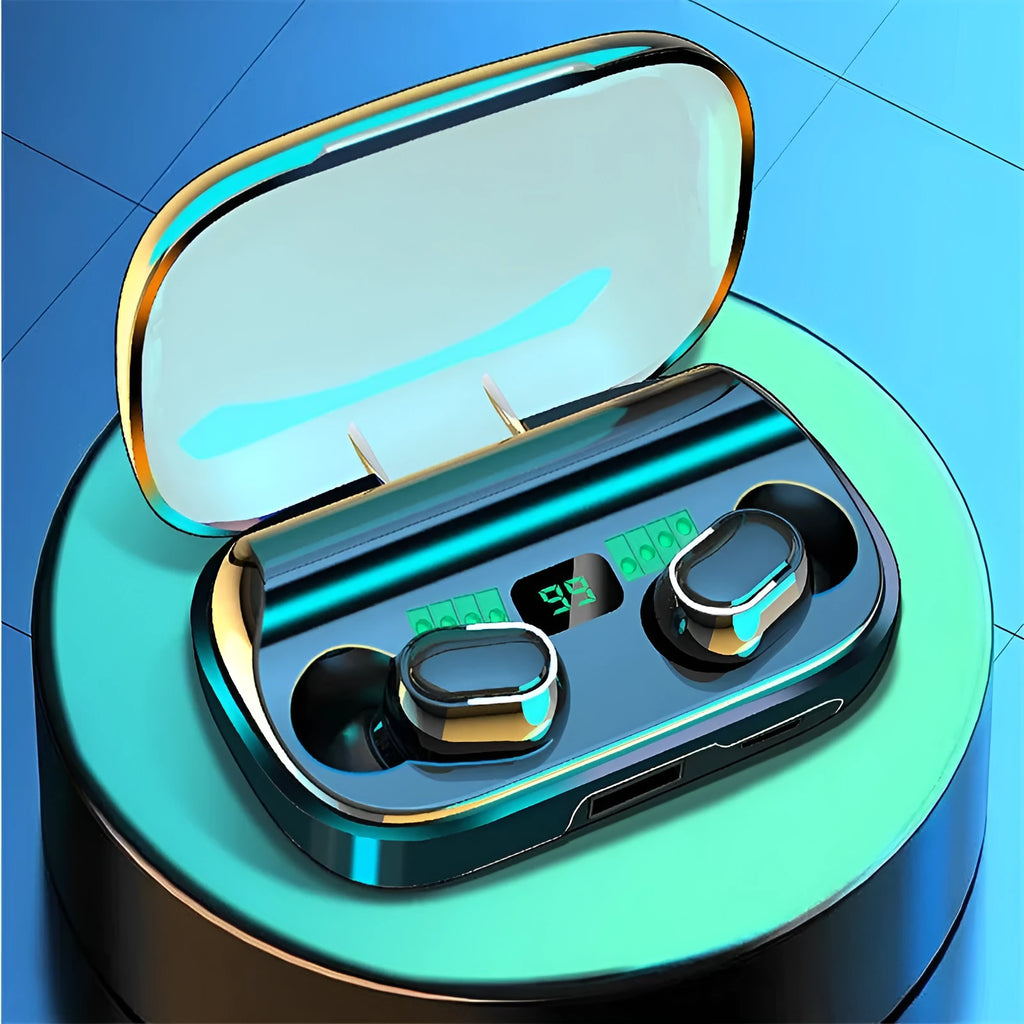 Black TWS XT01 digital display Bluetooth earphones with charging case showing battery level.