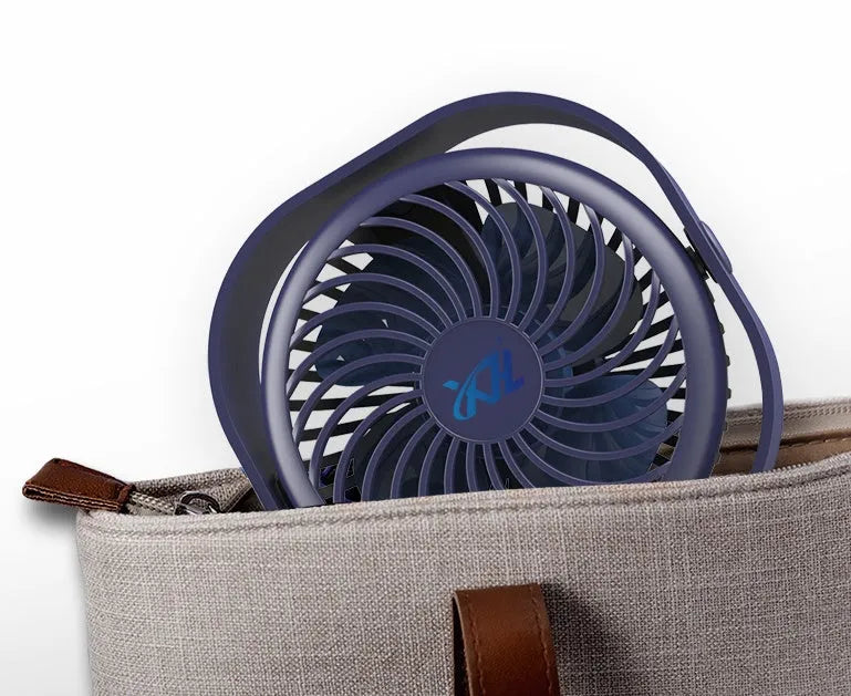 USB desk fan with alarm clock style and 360-degree rotating head in blue colour.