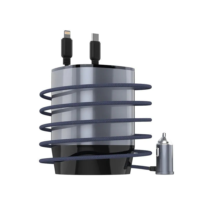 Gun grey matte black cup holder car charger with retractable cable showing multiple USB and Type-C charging ports