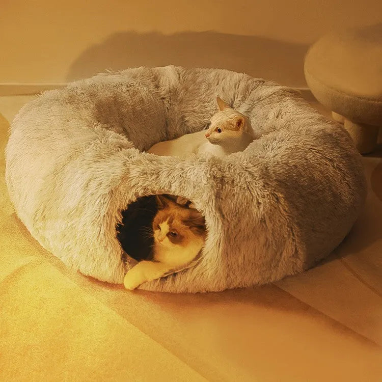 Closed cat tunnel plush nest in rainbow colour, 95cm diameter for multiple cats