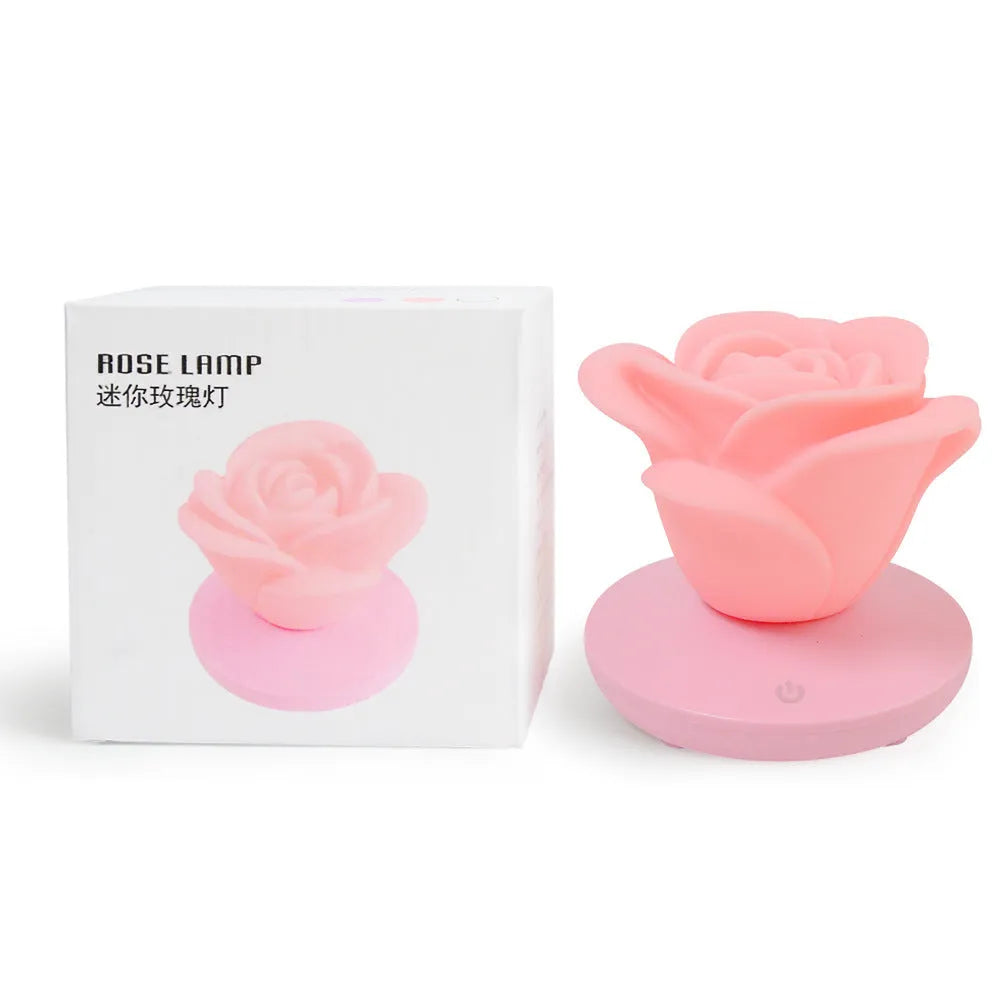 Mini rose night light with touch dimming and USB rechargeable battery, available in pink