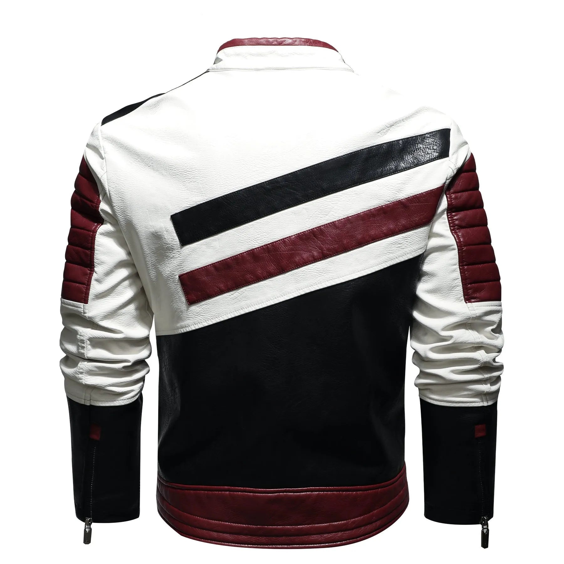 Men's stand collar bomber jacket with patchwork pattern, full zip, and pockets, available in Black, Blue, Red