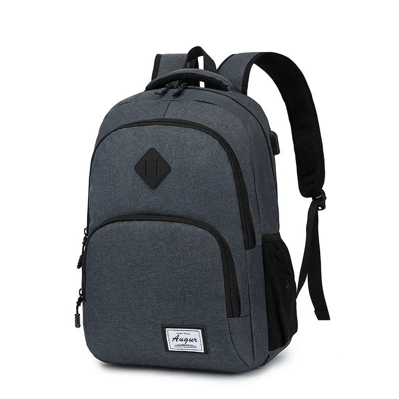 Simple grey and black nylon backpack with USB charging port on side strap.