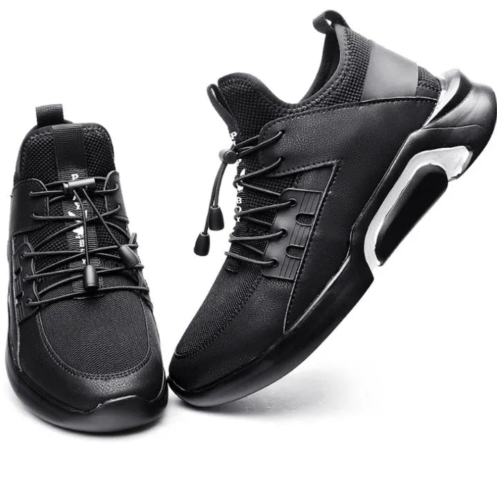 Men's black breathable mesh running shoes with non-slip PU sole, low heel, side view