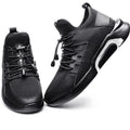 Men's black breathable mesh running shoes with non-slip PU sole, low heel, side view