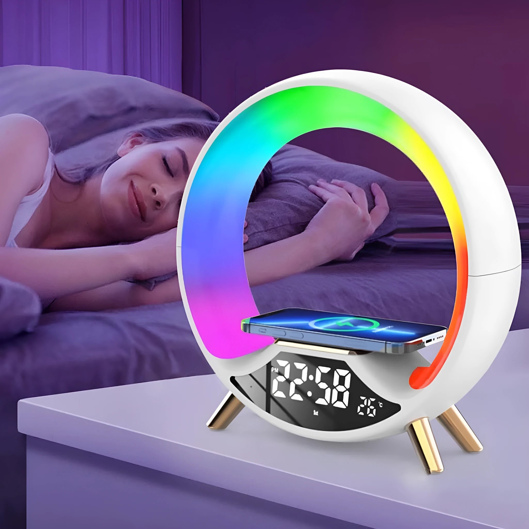 O Light wireless charging bedside lamp with Bluetooth speaker, digital clock display, and dimmable warm light.