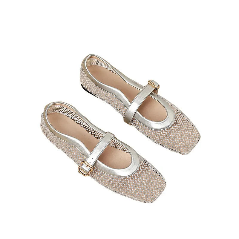 Women's beige mesh pumps with a square toe, buckle fastening, and a low flat heel.