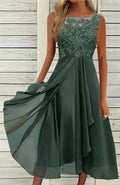 Women's sleeveless green chiffon dress with hollow-out lace detail, mid-length skirt.