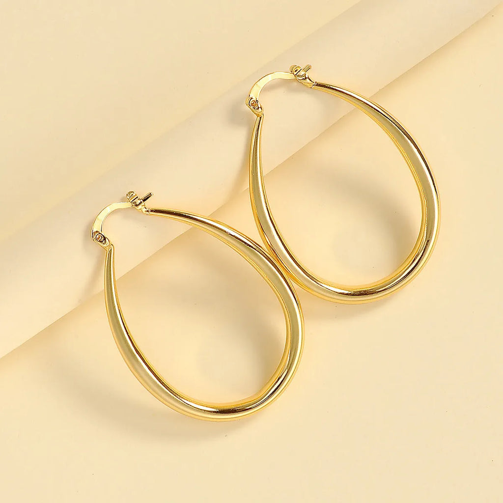 Geometric oval metal earrings for women with electroplated finish and alloy inlaid gems in gold and silver