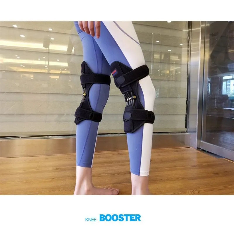 Adjustable knee brace with booster spring mechanism in breathable fabric for sports support