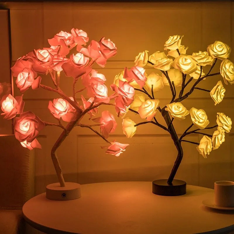 White and red rose flower LED table lamp with bonsai tree base and warm white lights