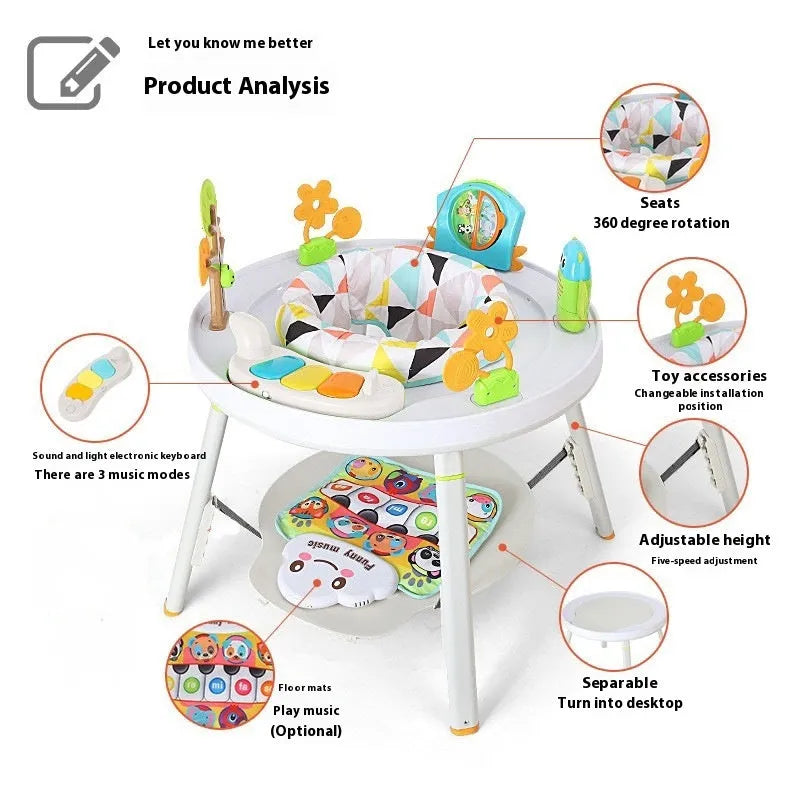 Baby jumping chair activity centre with bouncing frame and interactive toys in duck design.