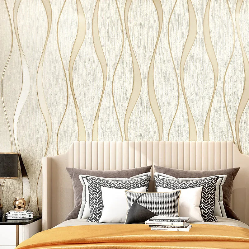 Close-up detail of dark brown 3D curve stripe wallpaper with thick deerskin velvet texture on a non-woven base.