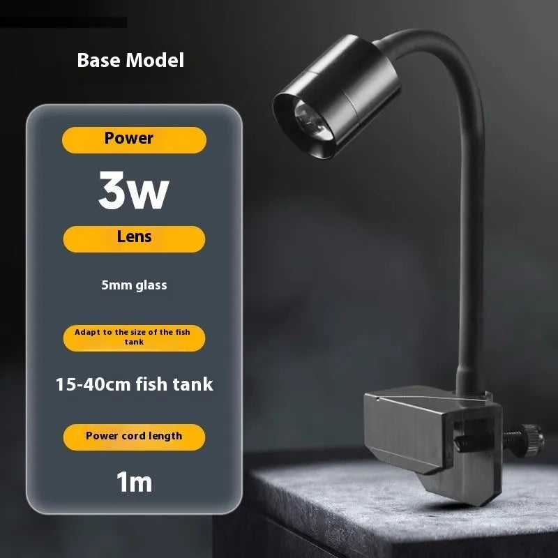Mini LED aquarium light with clip mount next to a small fish bowl.
