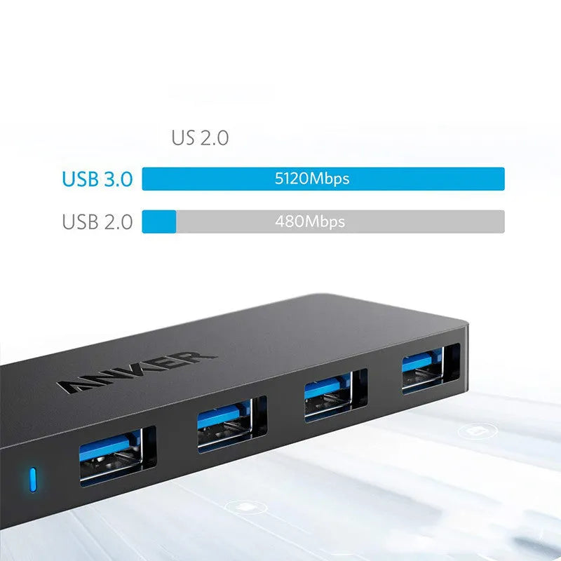 Black Anker USB 3.0 hub with four ports and 200mm cable, dimensions 30x107mm