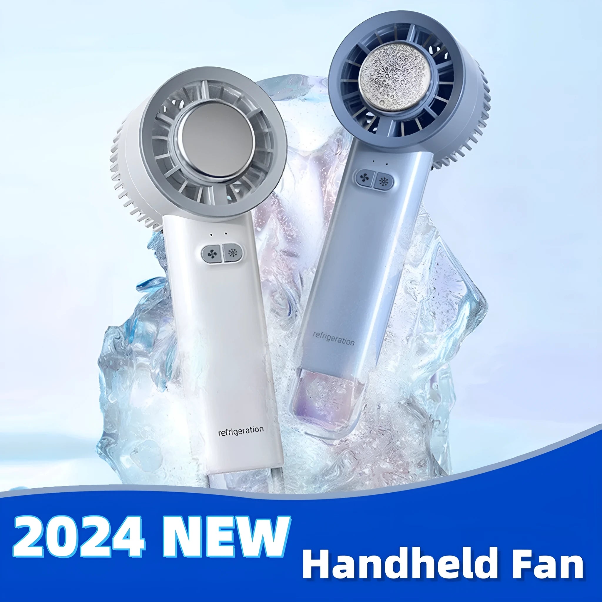 White and light blue handheld portable fan with touch controls and three blades.