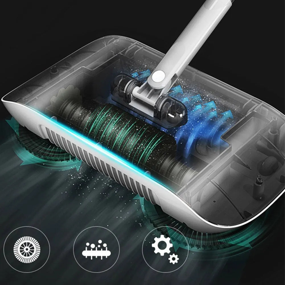 Pink hand push sweeper all-in-one broom dustpan mop with 360-degree brush on tile floor