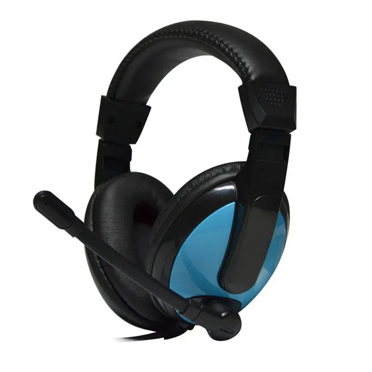 Blue wired gaming headset with 40mm speakers, omnidirectional microphone, and 3.5mm plug on a 1.8m cable.