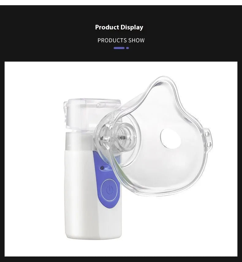 Handheld column-shaped USB nebuliser spray machine with water tank for household and children's use.