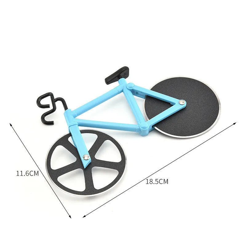 Bicycle shaped pizza cutter with stainless steel blade and ABS handle on white background