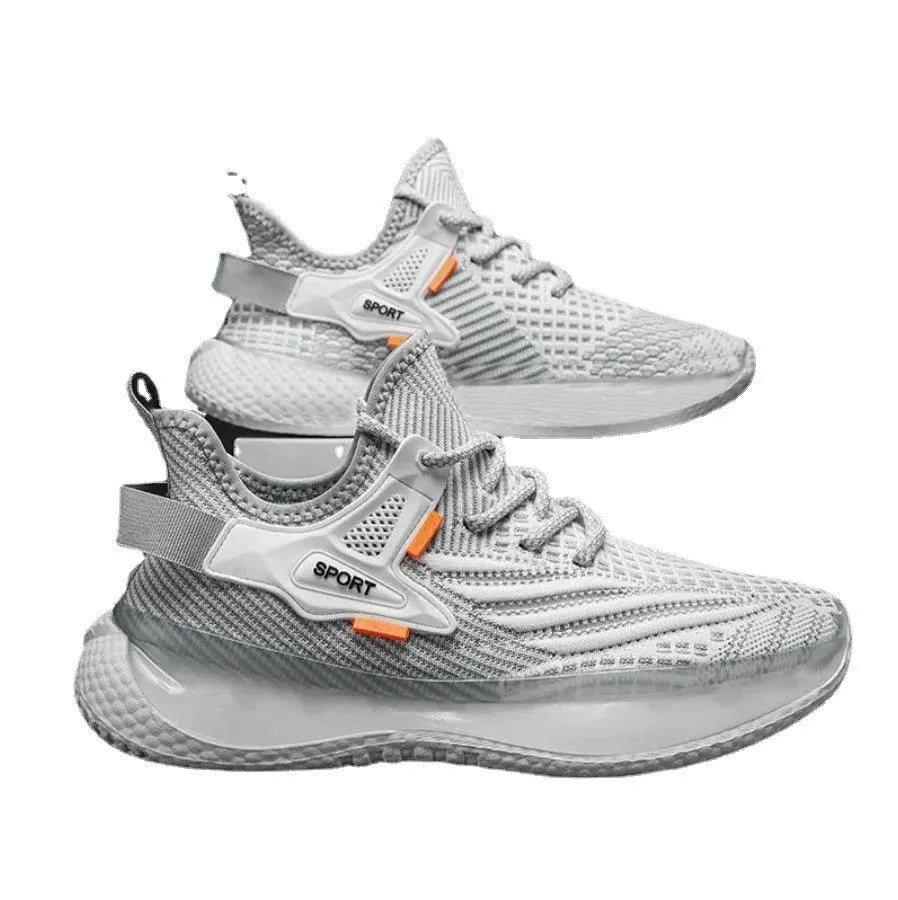 Men's white platform sneaker with woven mesh upper and flat rubber sole