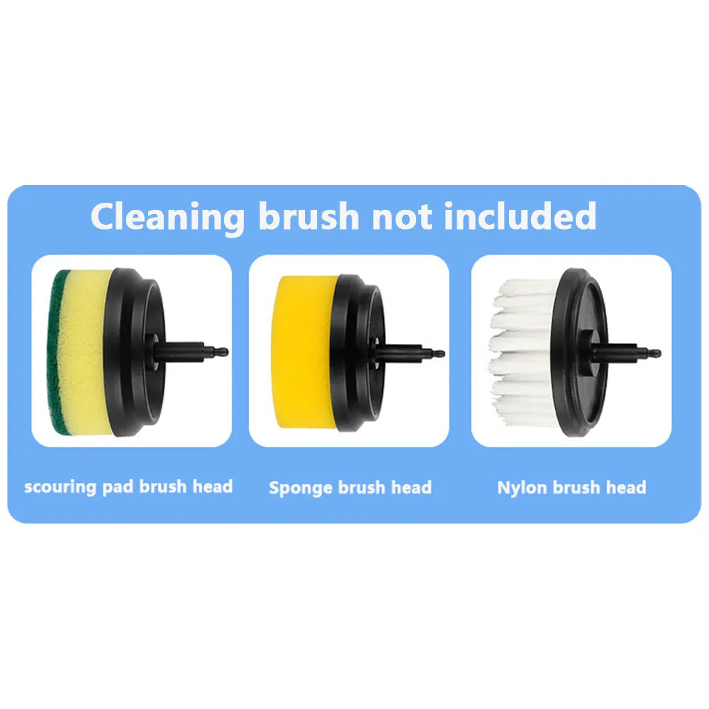 Green electric cleaning brush with three interchangeable scouring pad, brush, and sponge heads on a white background.