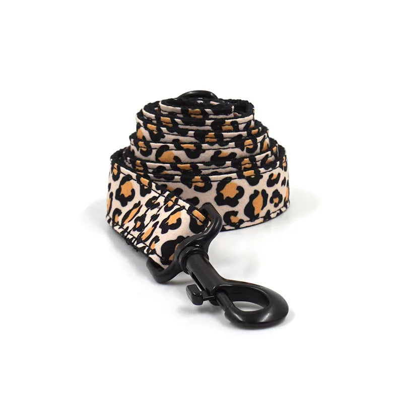 Brown leopard print dog collar and leash set with black buckle, shown in collar-only and collar-with-traction-rope options.