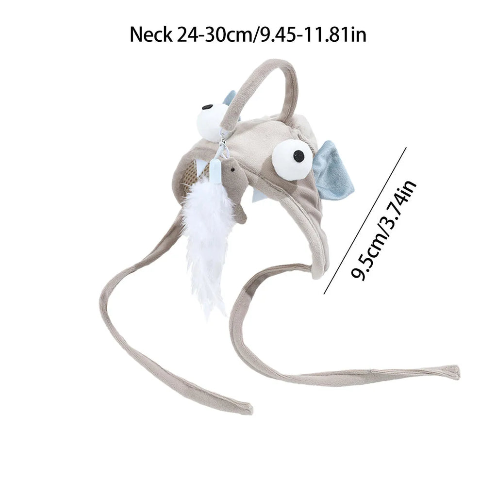 Adjustable head-mounted cat teaser toy with grey big eye fish attachment and dinosaur design