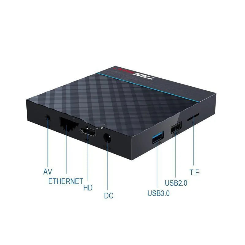 Black T95 Max Plus Android TV box with remote control, showing rear ports for HDMI, USB, and power.
