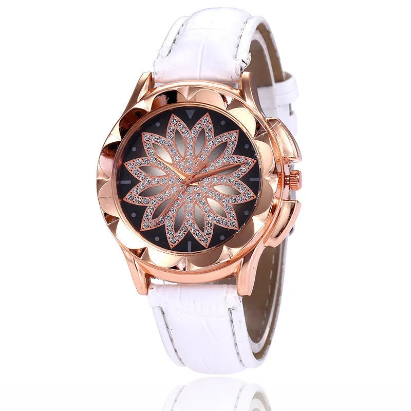 Rhinestone cross ladies belt watch with rose gold large dial 4.0cm and brown strap