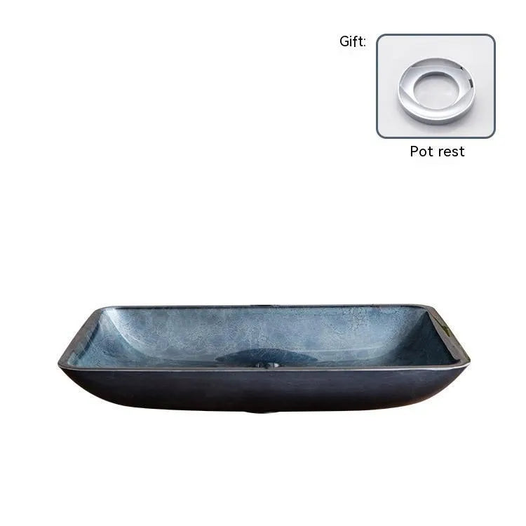 Blue grey foil coloured tempered glass bathroom vanity basin with a simple art design