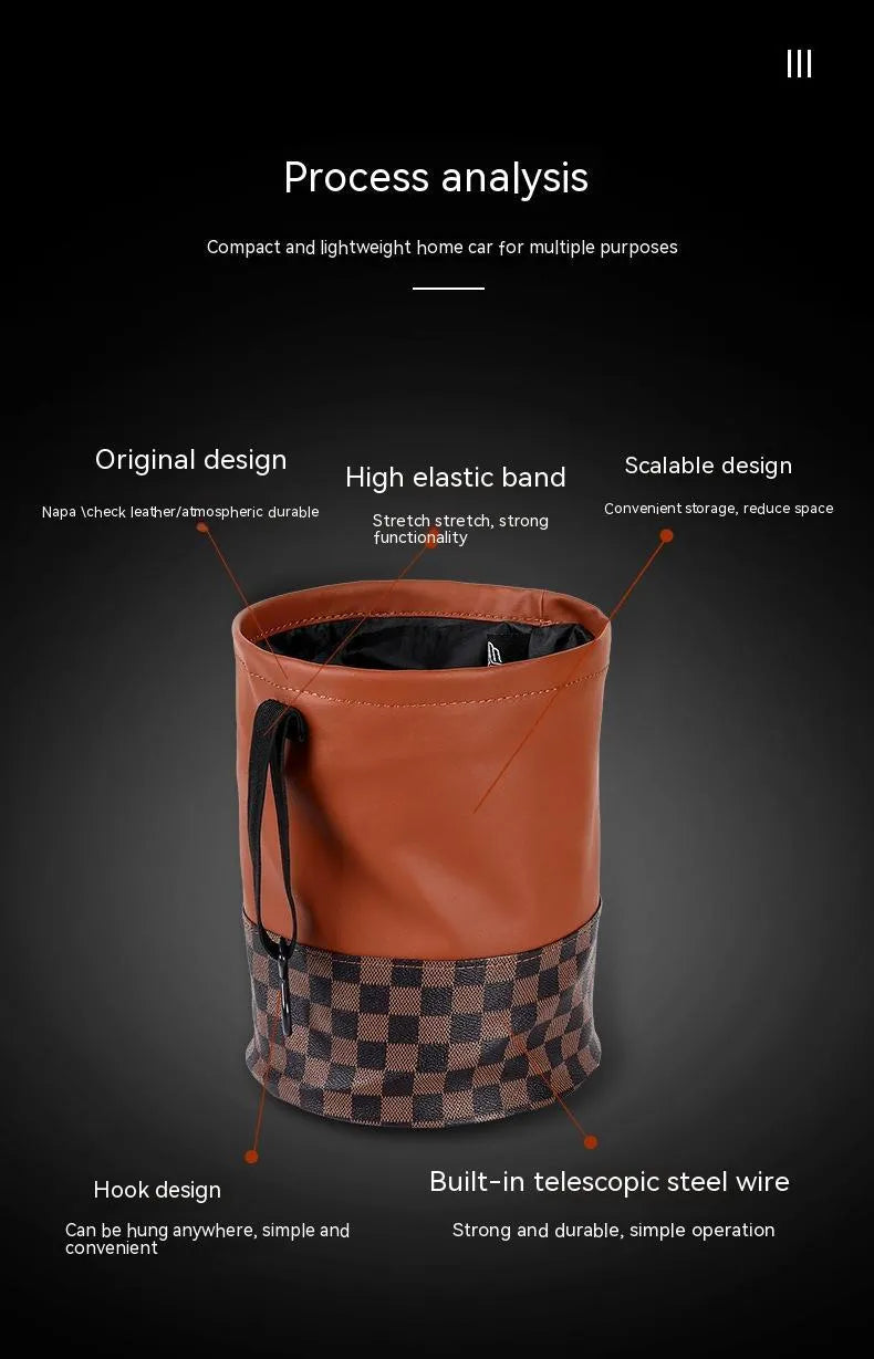 Leather retractable folding car trash can with handle, shown in vehicle interior