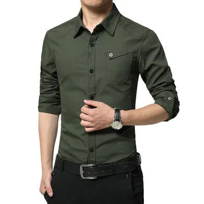 Spring men's pure cotton Oxford spun long sleeve shirt in khaki, Korean style, with button front
