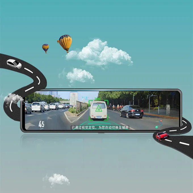 Black rearview mirror style dashboard camera with wide-angle lens and touch screen display.