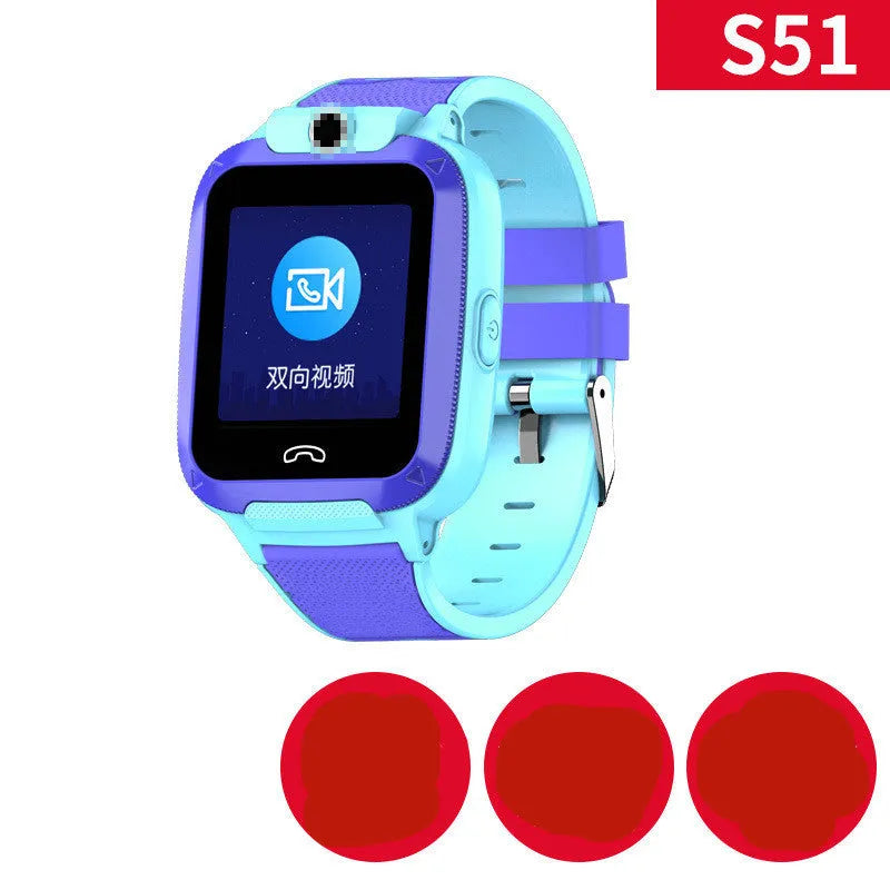 Blue and pink children's smart watch with touch screen for video calls and GPS tracking.
