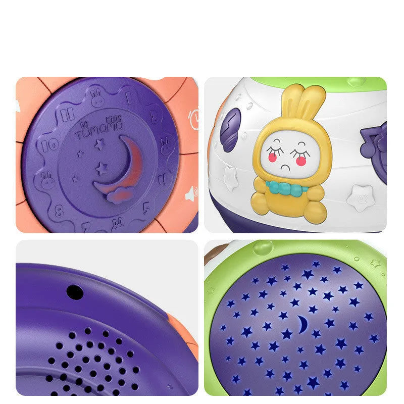 White plastic starry sky night light projector for children on a table, projecting blue stars onto a wall.