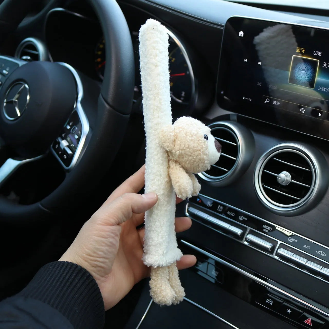 Cartoon plush lamb wool car seatbelt shoulder protector in bear and rabbit designs.