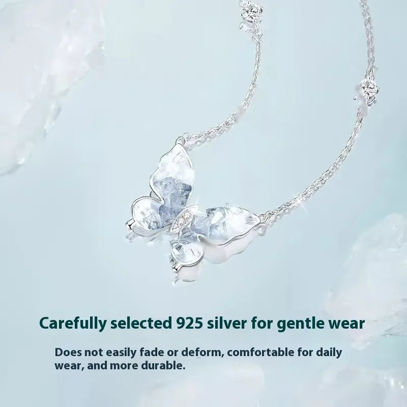 Close-up of an adjustable S925 sterling silver necklace with an ice rain butterfly pendant on a 41-50cm O-ring chain.