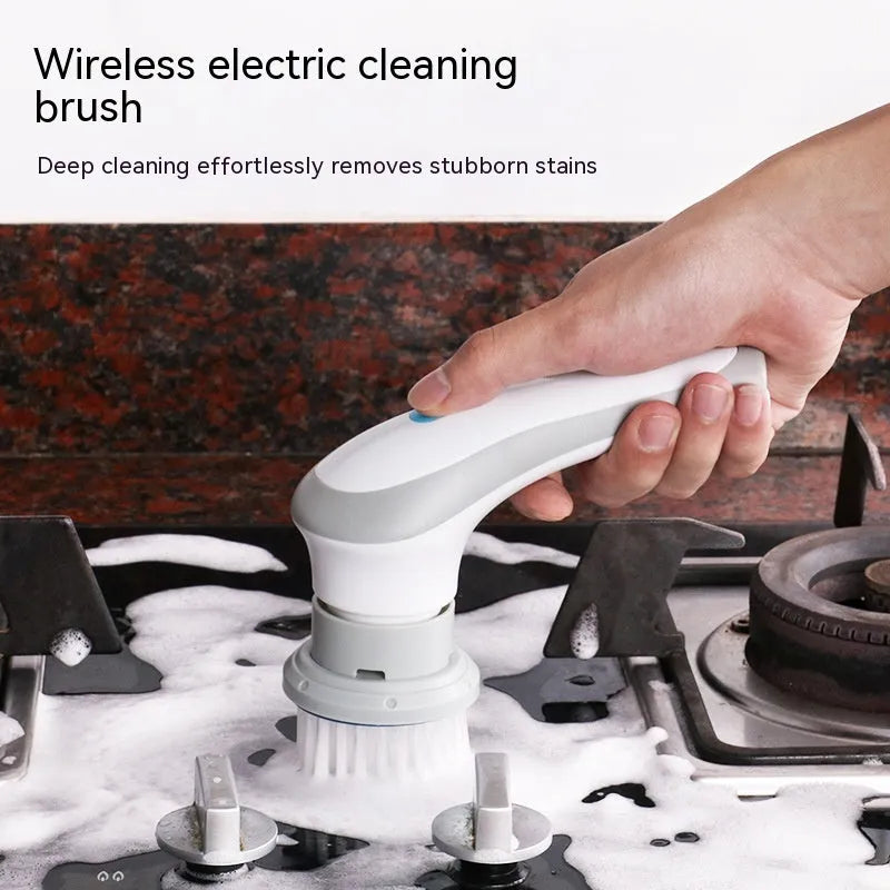 Cordless electric spin scrubber handheld cleaner with four different brush heads on a white background.