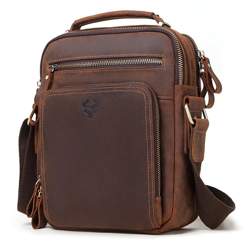Men's brown genuine cowhide leather crossbody bag with retro styling and sewing line detailing